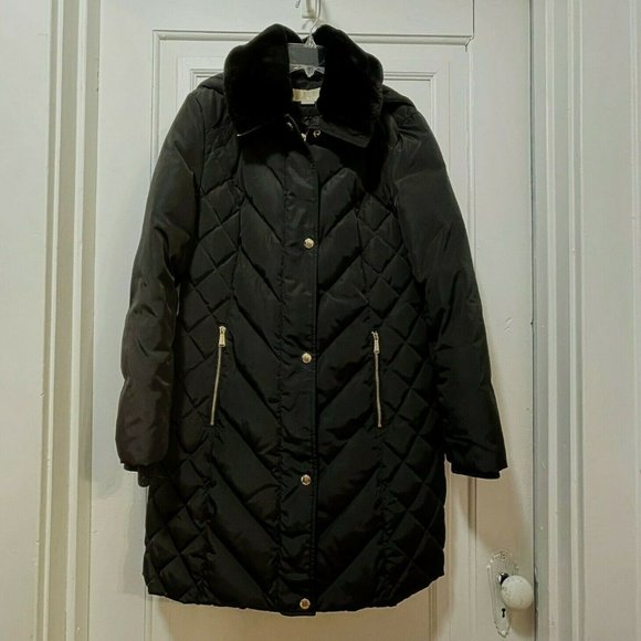 Michael Kors Coat PS Petite Small Black Down Quilted Fur Collar Hood Jacket EUC - Picture 1 of 11